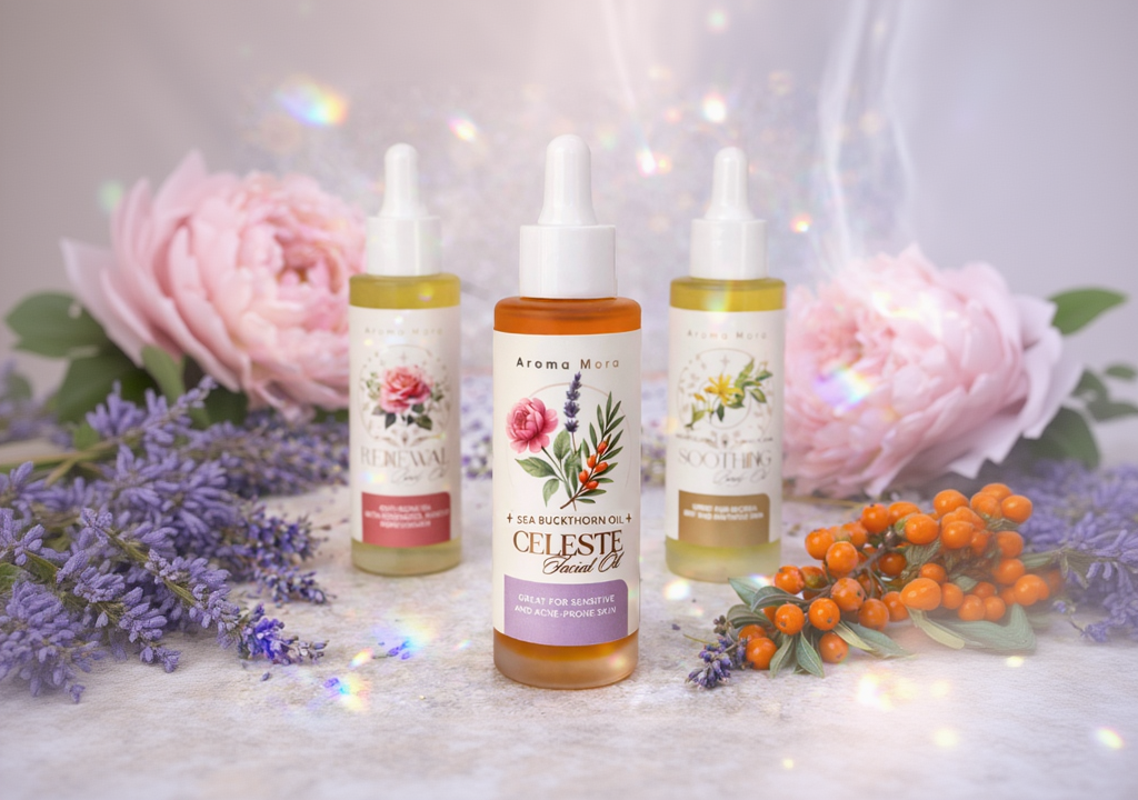 Three bottles of facial oils with floral designs on a decorative background with flowers and berries.