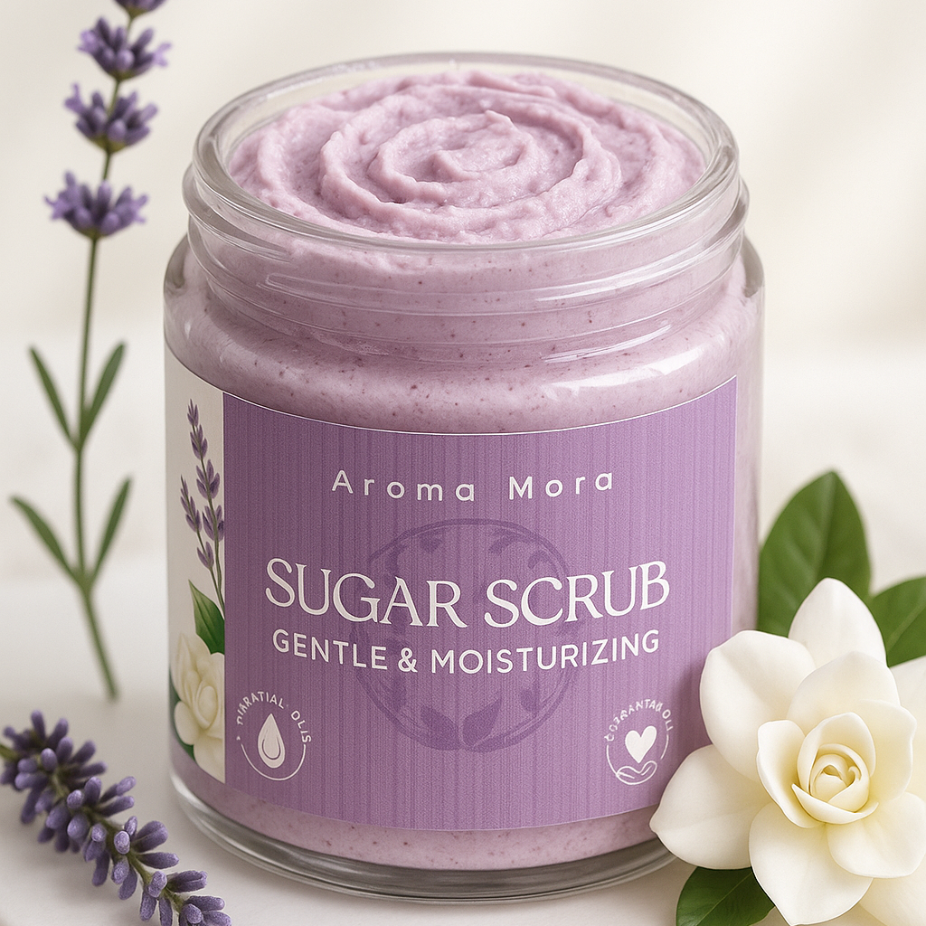 Jar of Aroma Mora sugar scrub with lavender and white flowers on a light background
