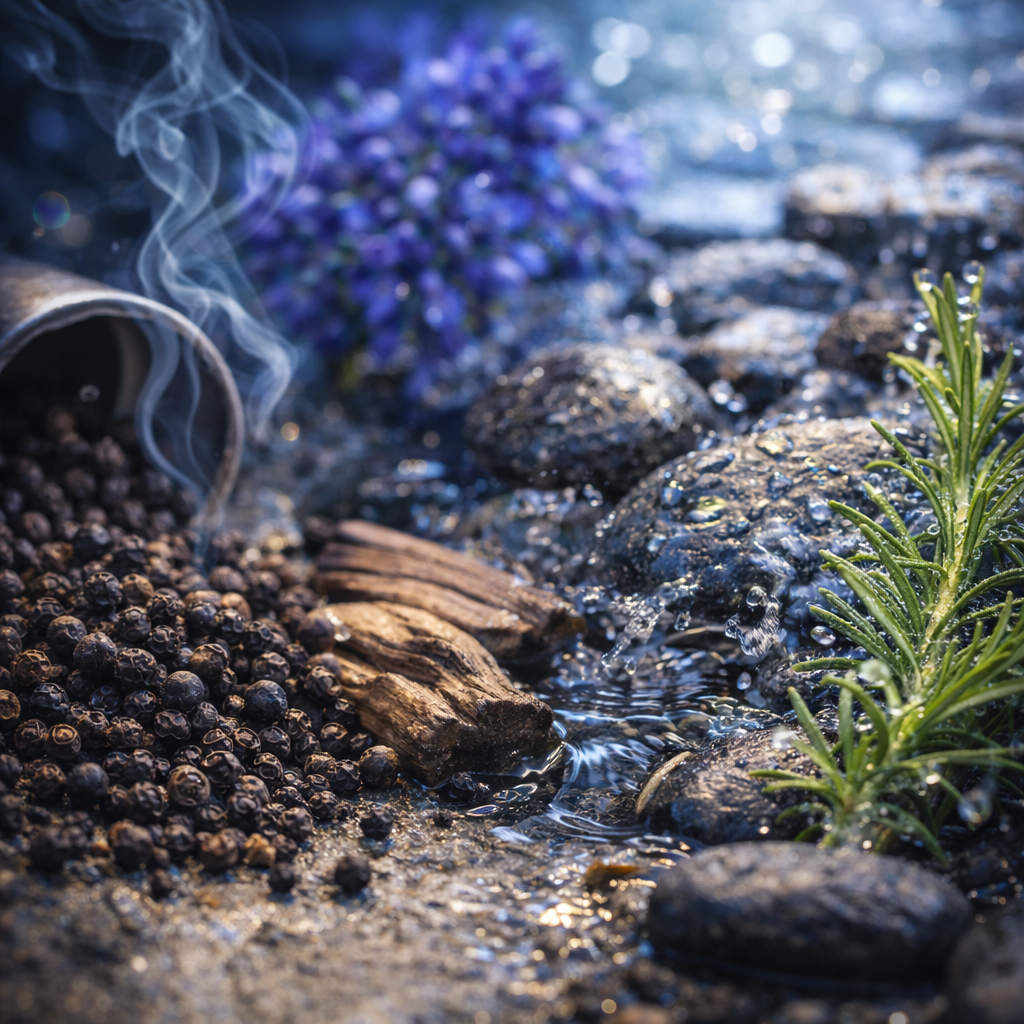 Spices and herbs on a stone surface with water and lavender in the background

