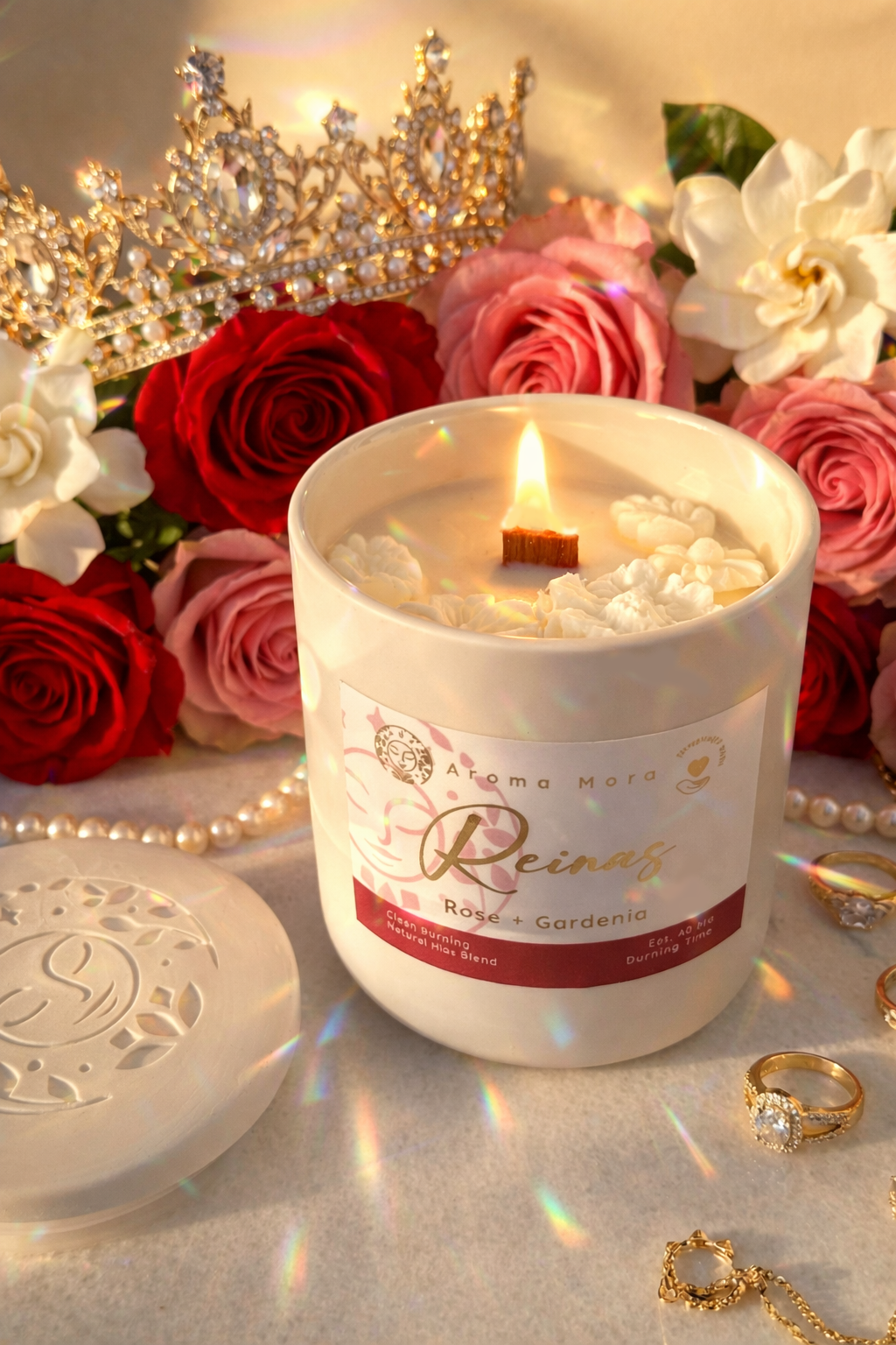 Candle in a decorative container with roses and jewelry on a table