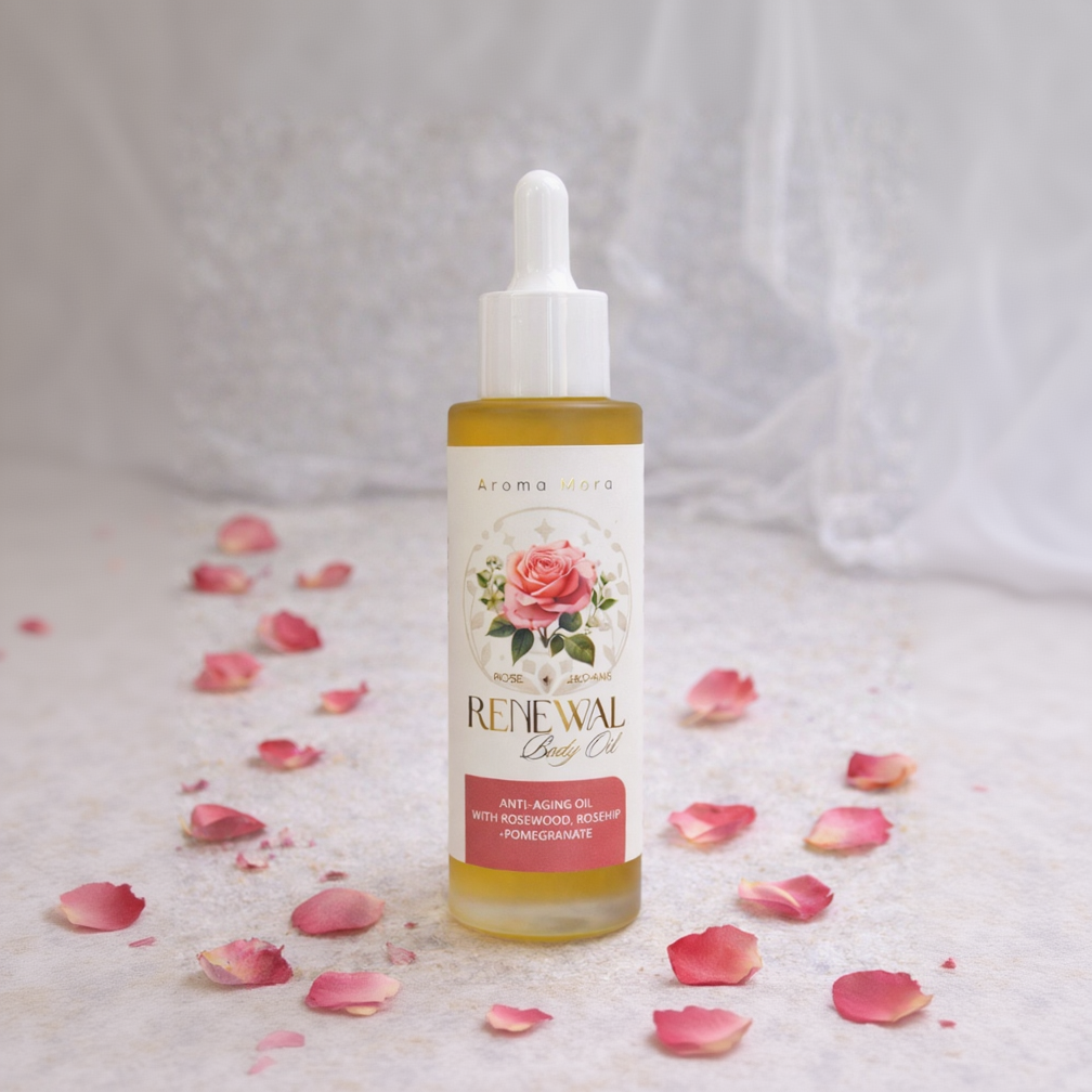 Bottle of Renewal Body Oil with rose petals on a textured surface

