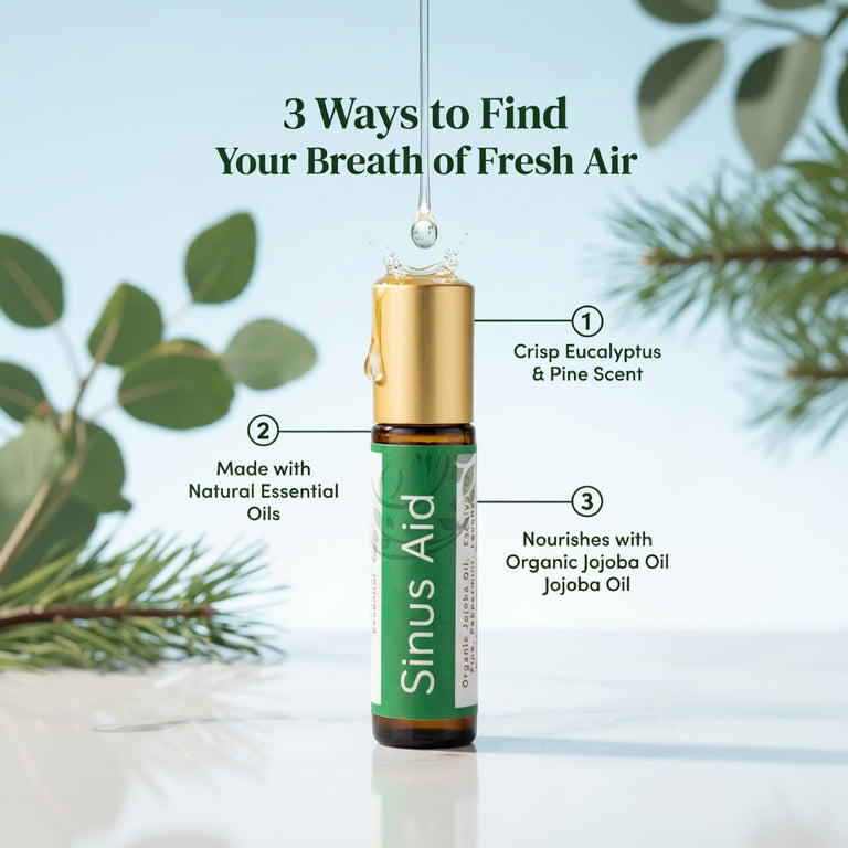 Sinus Aid essential oil roller bottle with text on a light background
