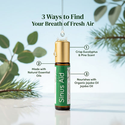 Sinus Aid essential oil roller bottle with text on a light background
